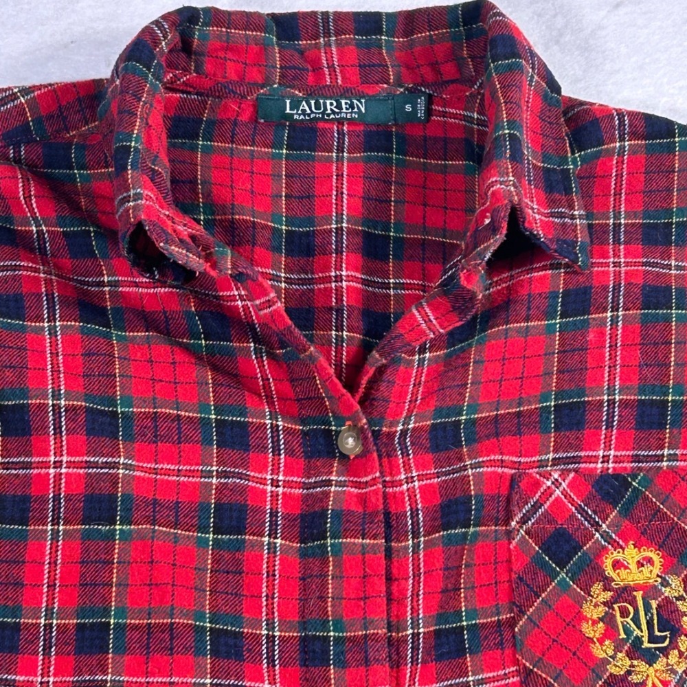 Lauren Ralph Lauren Tartan Plaid Embroidered Nightshirt Sm Gold Crest Christmas